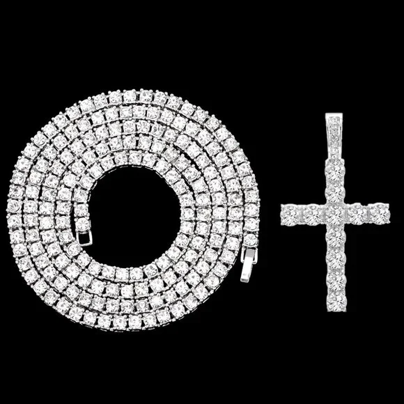 ⭐ Beautiful 2Pc 24" Diamond Necklace & Cross Pendant With 4mm Diamonds 18k ⭐ - Picture 2 of 10